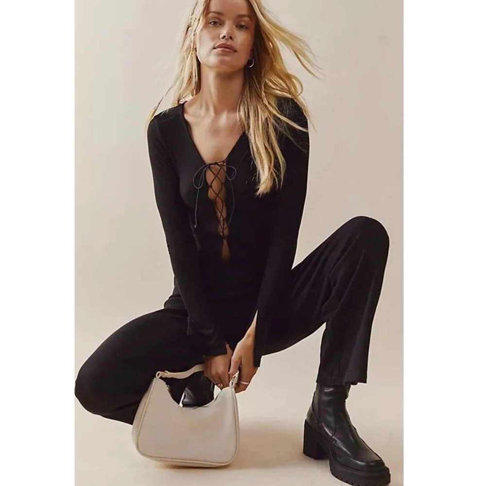 LNA Black Long-Sleeve V-Neck Wide-Leg Jumpsuit Ribbed Kayala Rib Size 1X